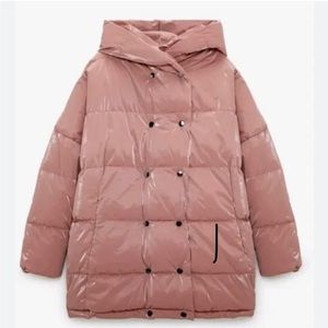 ZARA womens pink puffer padded quilted coat size L NWT
